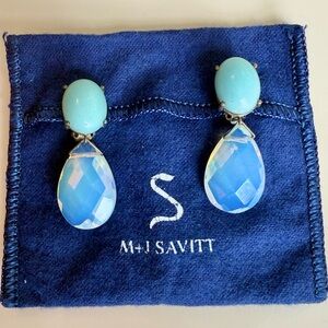 Vintage M+J Savitt turquoise & opalescent rhinestone drop earrings